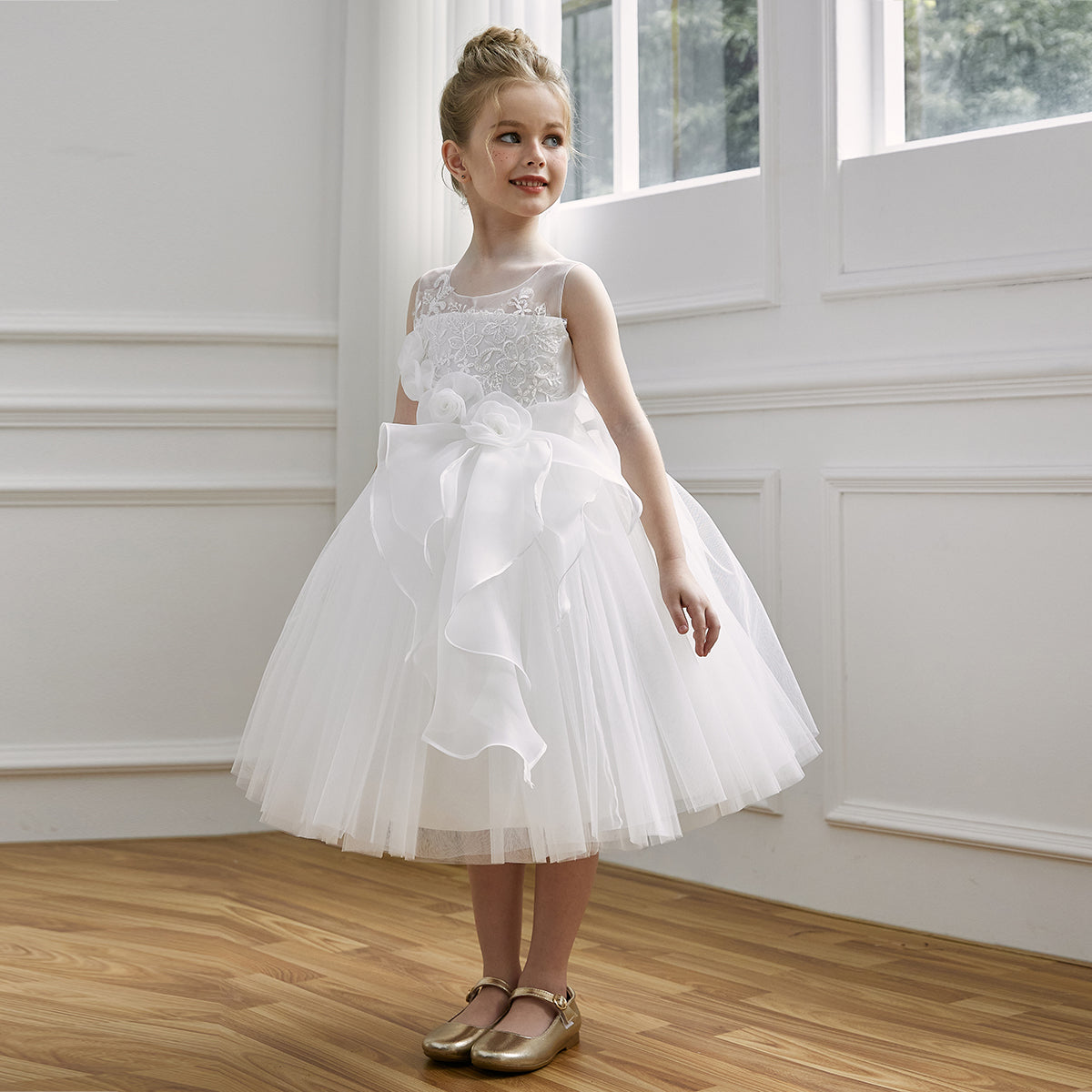 Girls White Cascading Tiered Tulle Dress – ELLA - White