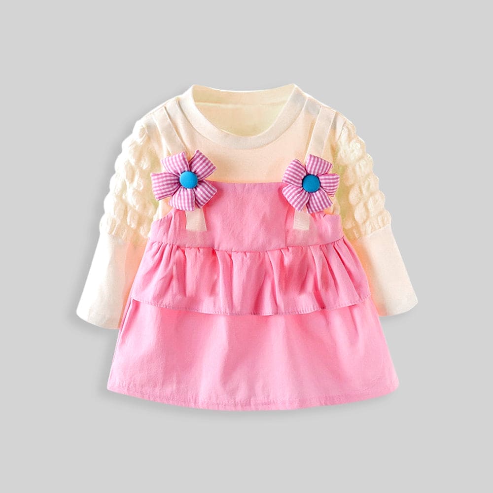 Girls Pink Flower Applique Long Sleeves Dress Casual Dresses Pink 1-2 Y