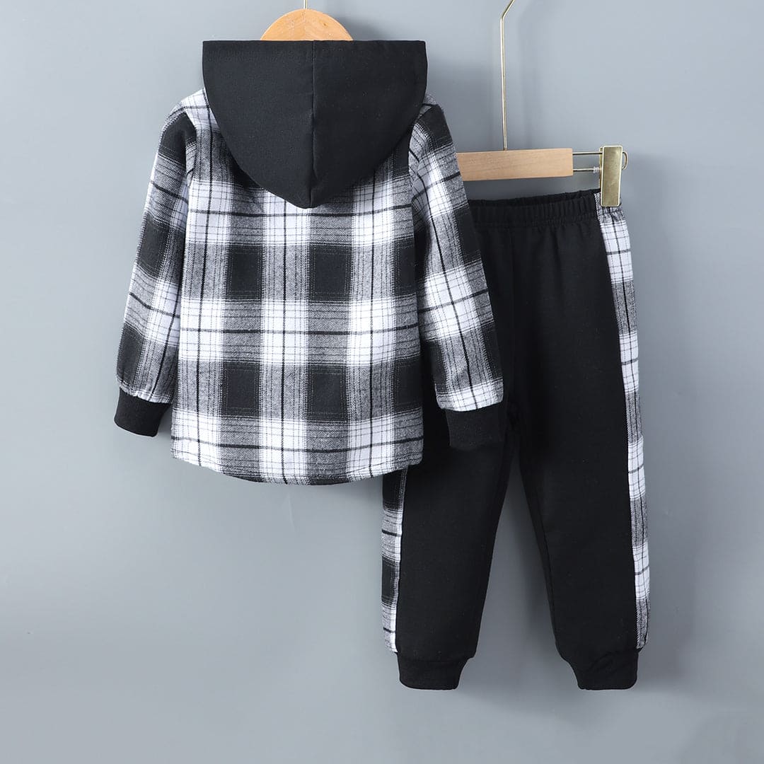 Boys White-Black Flannel Shacket with Trackpants Set - Main Image