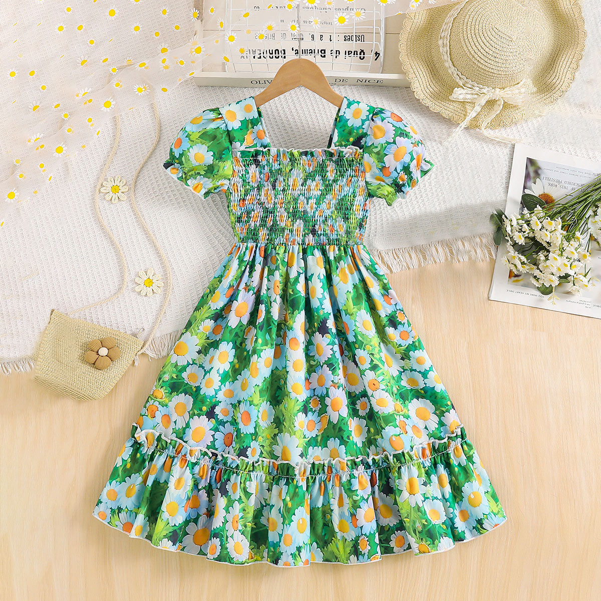 Girls Green Floral Printed Puff Sleeves Smocked Fit Flare Casual