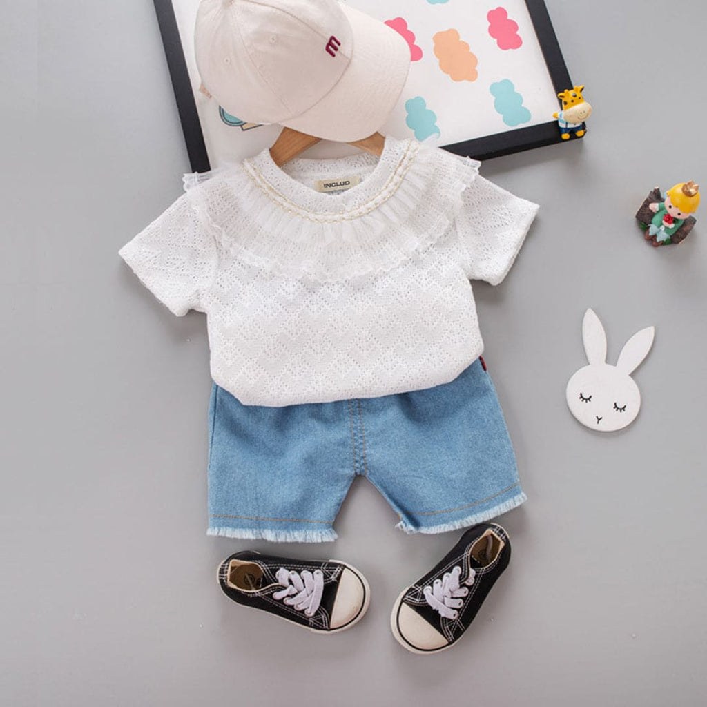 Girls White Short Sleeve Textures Knit Top With Denim Shorts 2 pc. Sets White 1-2 Y 