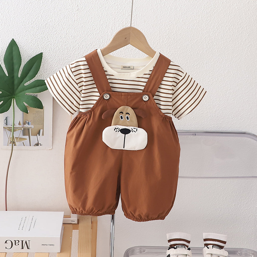 Boys Stripe Short Sleeves T-Shirt With Embroidered Appliqued Brown Dungaree Set 2 pc. Sets Brown 1-2 Y