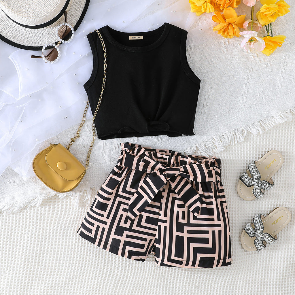 Girls Black Bubble Knot Crop Top with Printed Shorts Set Sets Black 3-4 Y