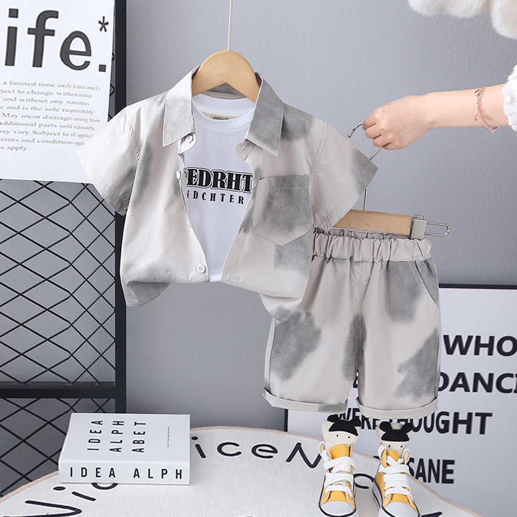Boys Beige Printed Short Sleeves Shirt With T-Shirt And Shorts Set 3 pc. Sets Beige 1-2 Y