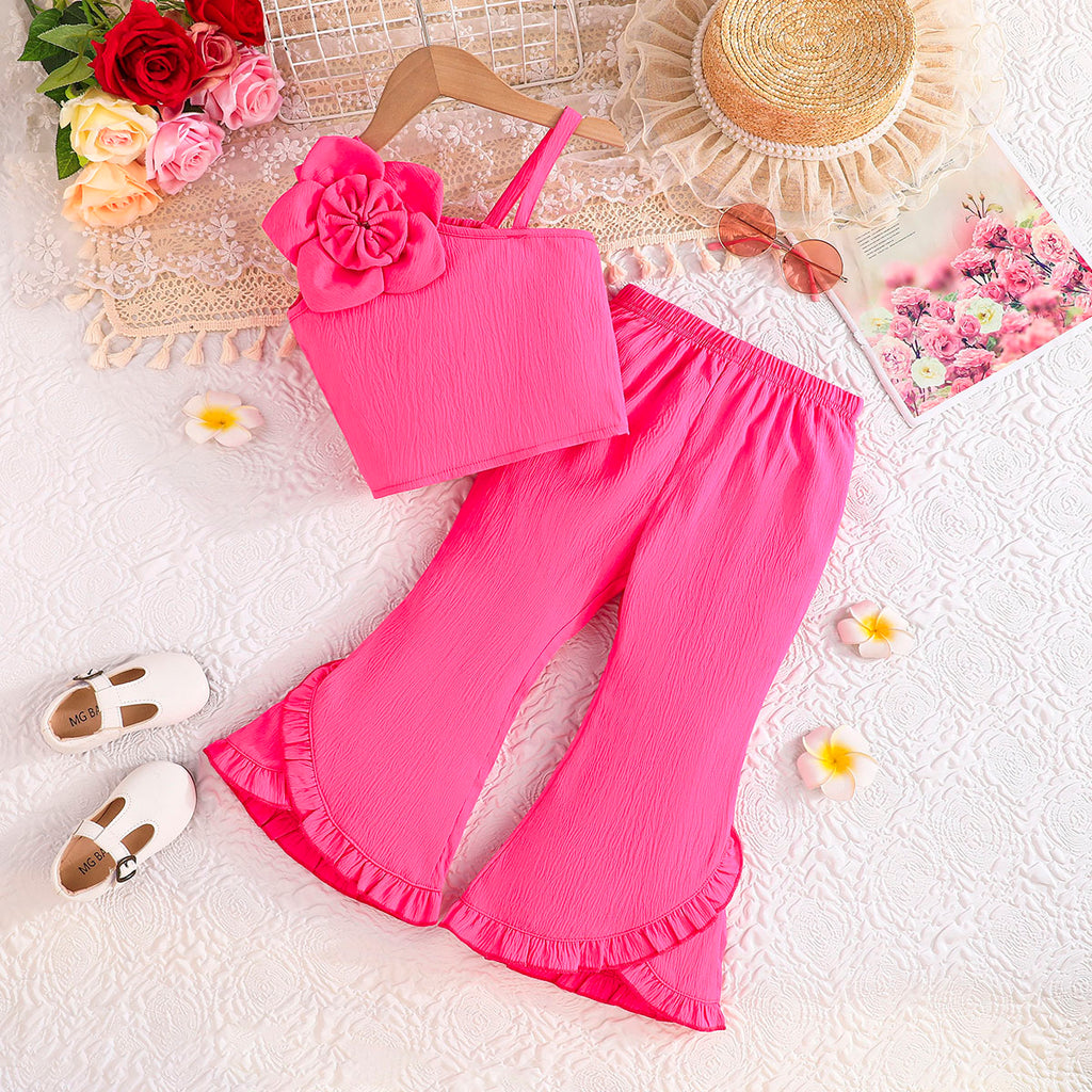 Girls Fuchsia Textured One Shoulder Top With Flared Hem Pants Set 2 pc. Sets