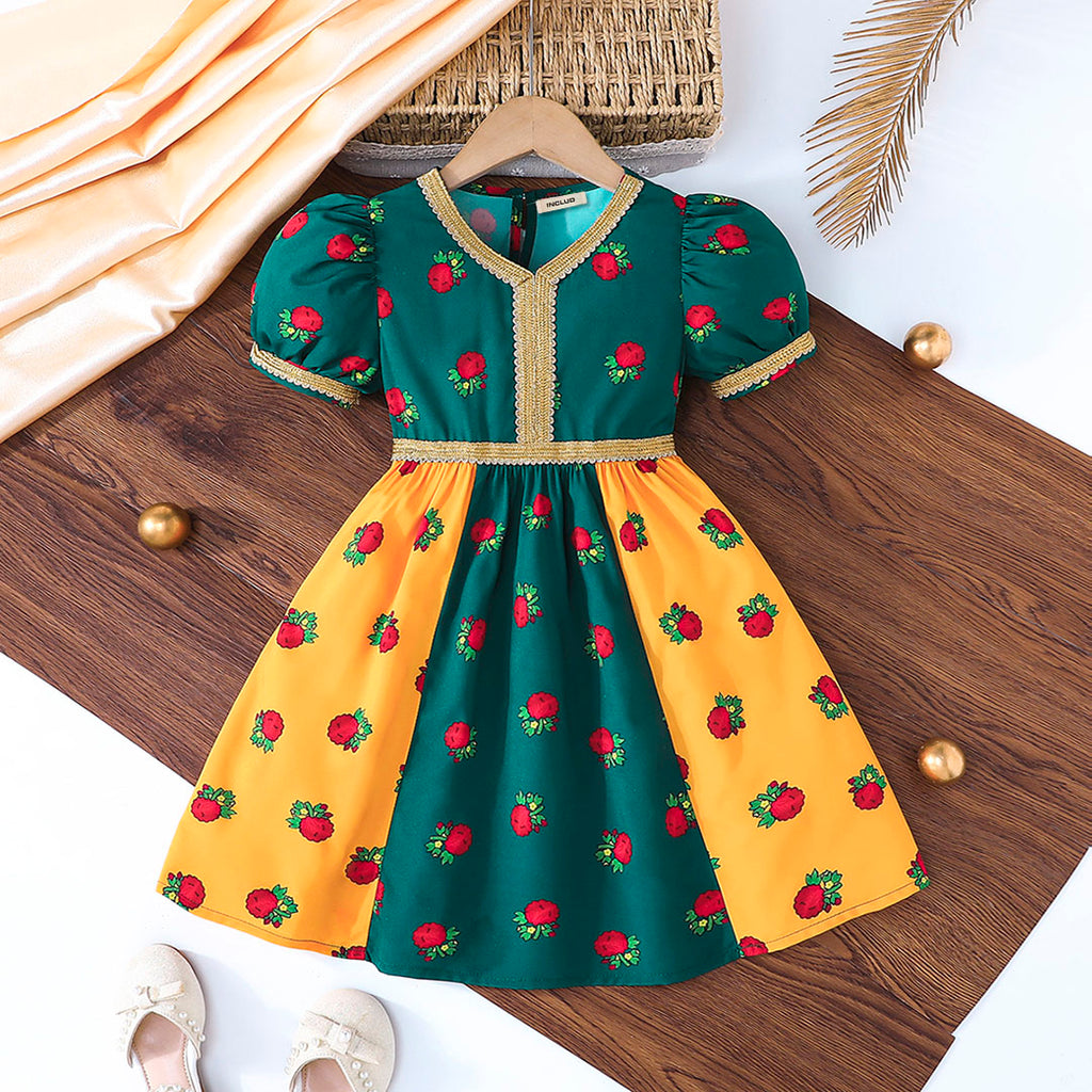 Girls Green Short Sleeve Floral Printed Fit & Flare Dress Casual Dresses
