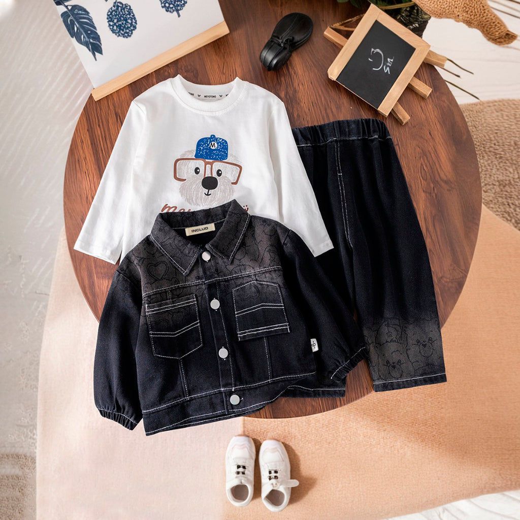 Boys Black Puppy Printed Denim Jacket With T-Shirt & Pants Set Sets Black 1-2 Y