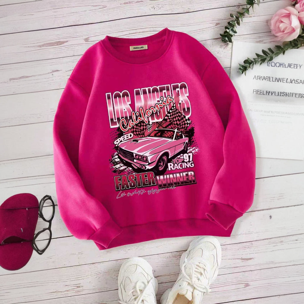 Girls Fuchsia Car Printed Winter Sweatshirt Sweatshirts & Hoodies Fuchsia 7-8 Y