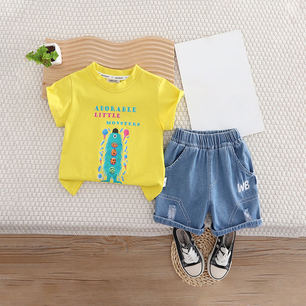 Boys Yellow Graphic Short Sleeves T-Shirt With Denim Shorts Set 2 pc. Sets Yellow 1-2 Y