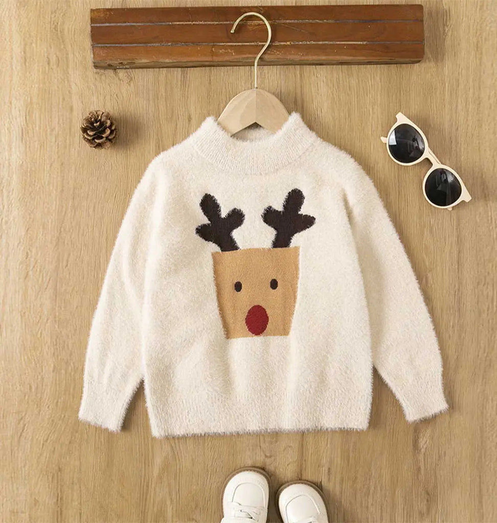 Boys Apricot Sweater With Self-Design Reindeer Pattern Sweaters & Cardigans Apricot 3-4 Y