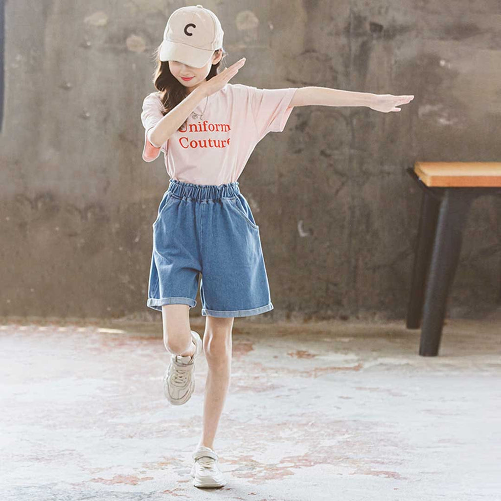 Girls Short Sleeve Typography Print T-Shirt With Denim Shorts Set 2 pc. Sets Pink 3-4 Y 