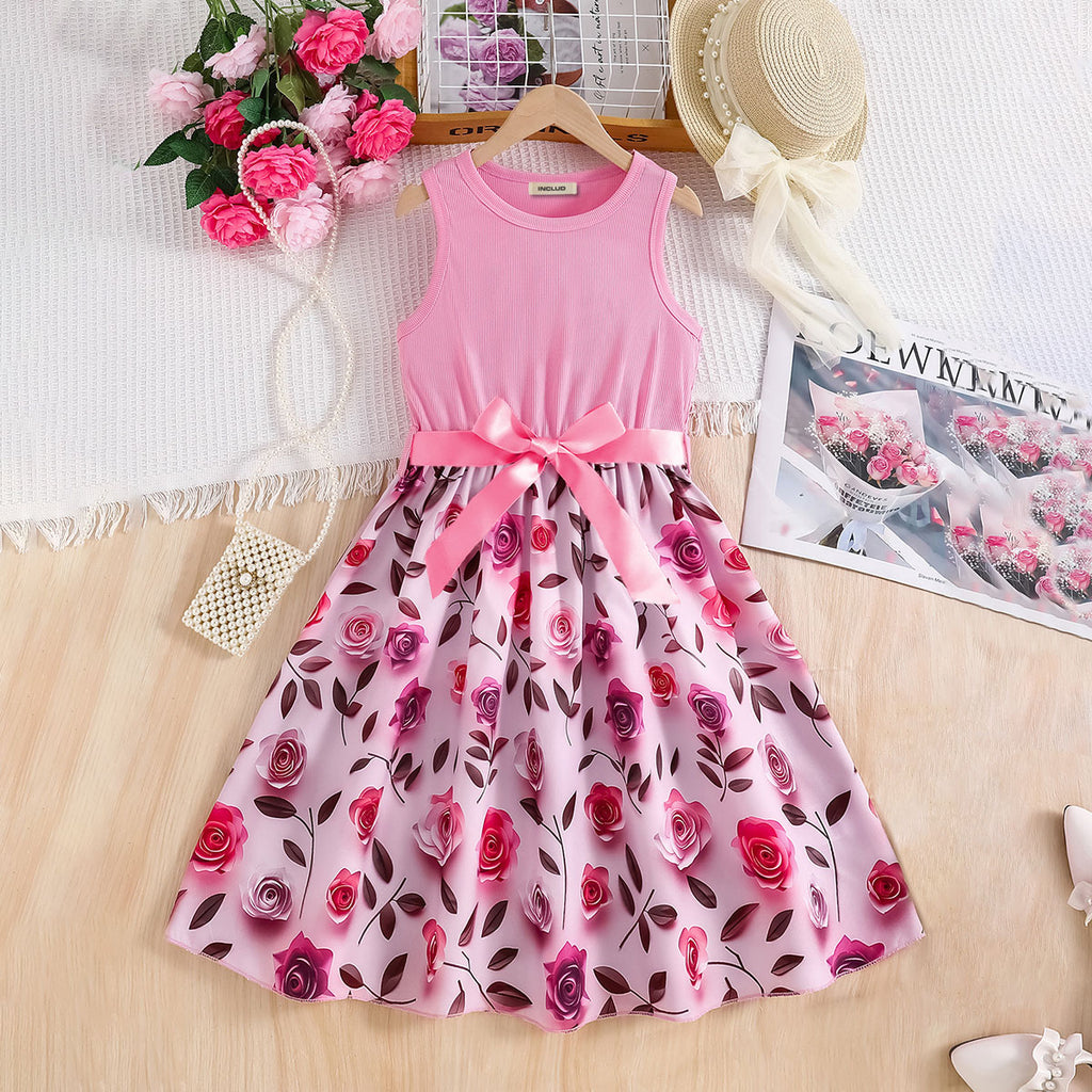 Girls Pink Rose Printed Fit And Flared Midi Casual Dress Casual Dresses Pink 3-4 Y