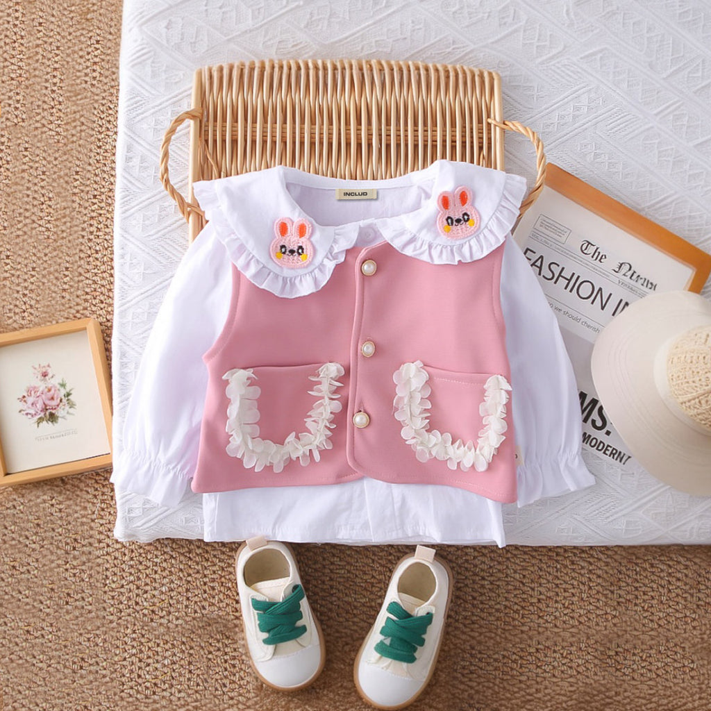 Girls Pink Solid Sleeveless Jacket With Top & Pants Set Sets Pink 1-2 Y