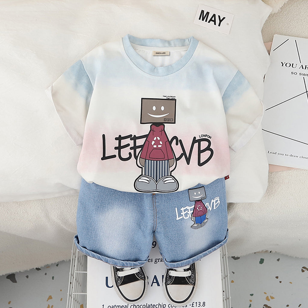 Boys Light Blue Robot Printed T-Shirt With Denim Shorts Set 2 pc. Sets Light Blue 1-2 Y