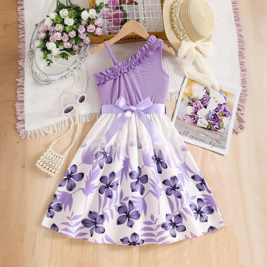Girls Purple Floral Printed One Shoulder Fit And Flared Midi Dress Casual Dresses Purple 3-4 Y