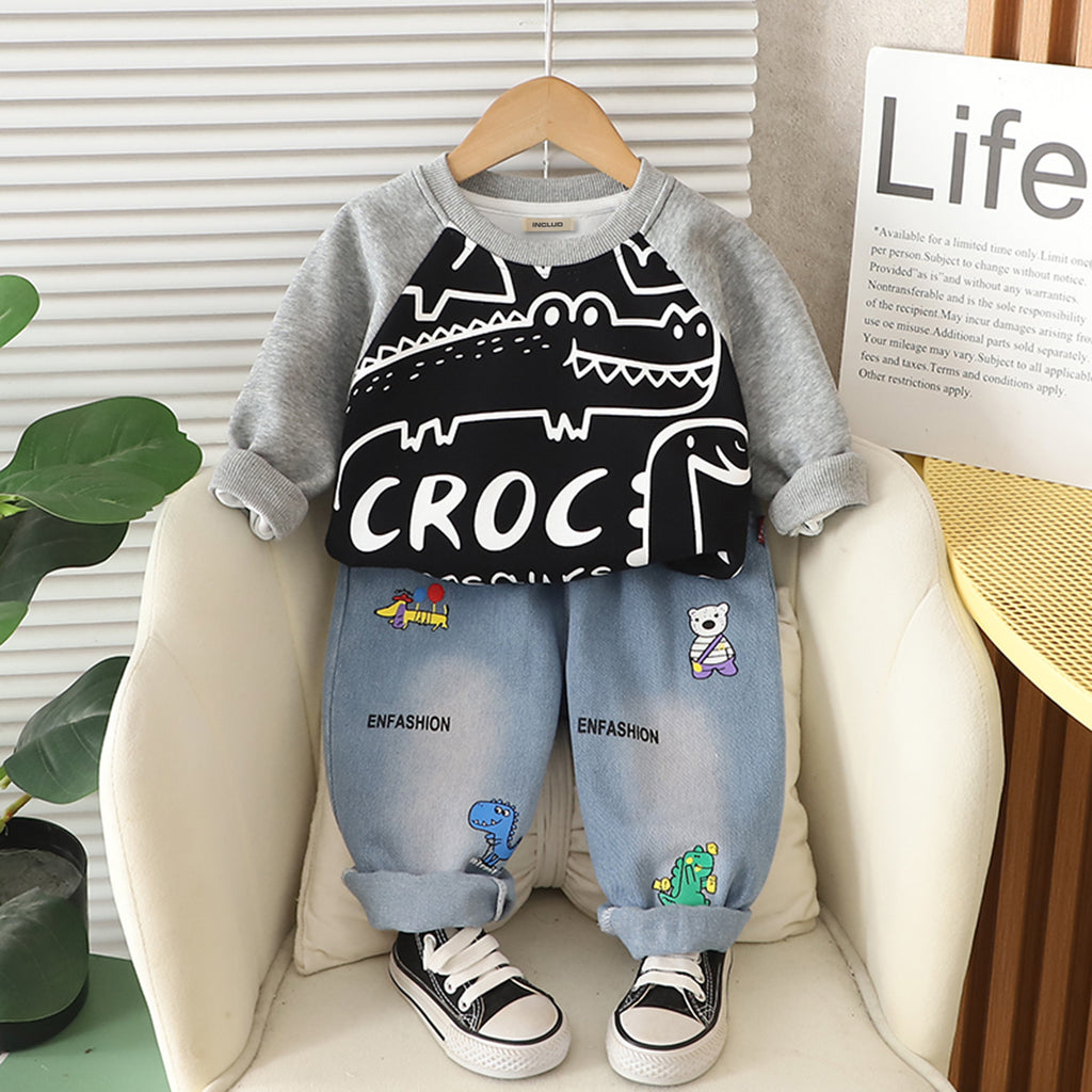 Boys Black Crocodile Printed Winter Sweatshirt With Denim Pants Set 2 pc. Sets Black 1-2 Y