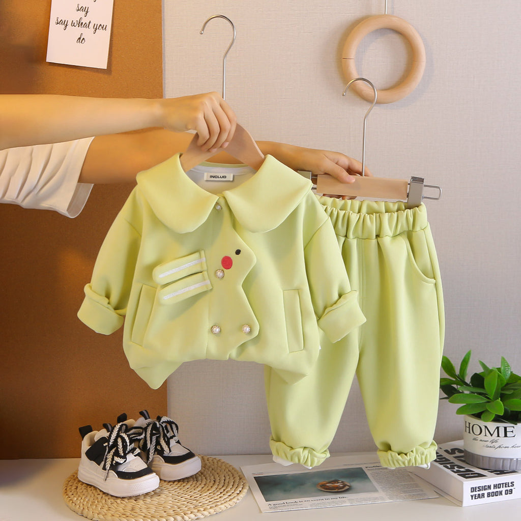 Girls Green Solid Jacket With Joggers Co-ord Set 2 pc. Sets Green 1-2 Y