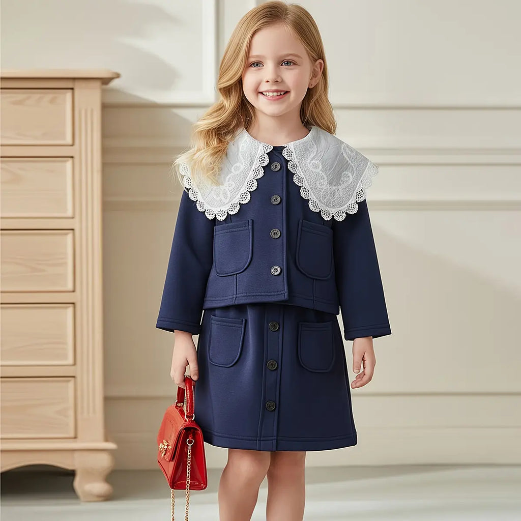 Girls Navy Blue Big Collar Long Sleeves Lace Jacket With Skirt Sets Sets Navy Blue 1-2 Y