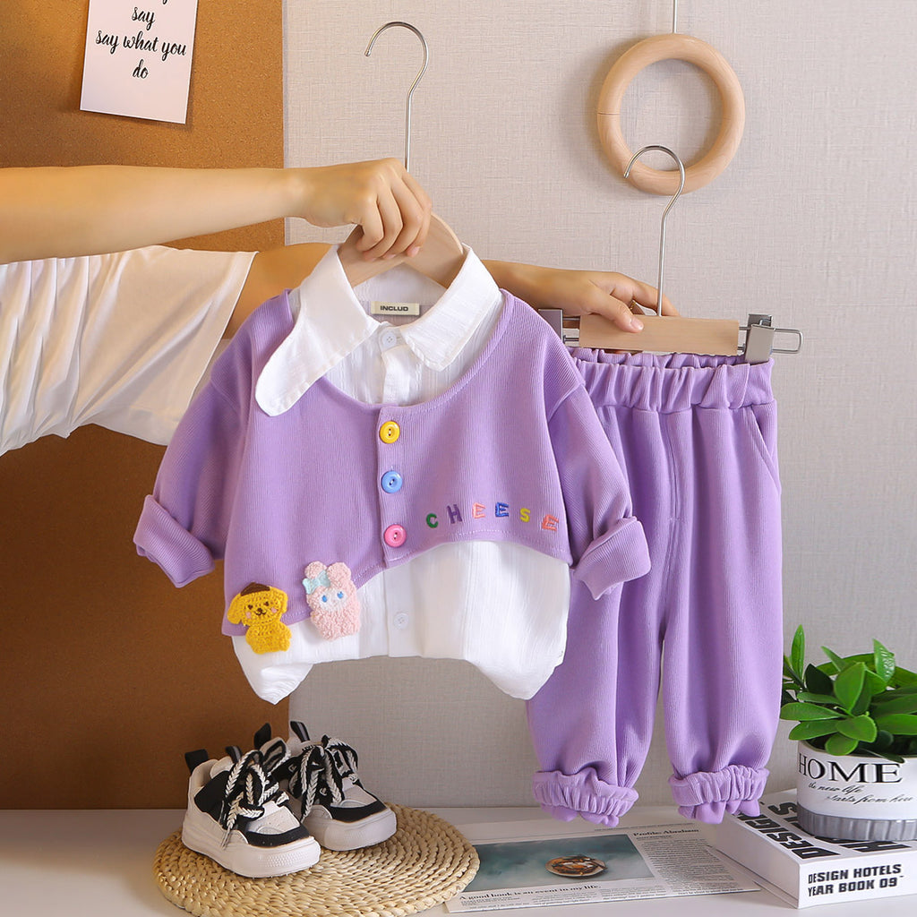 Girls Purple Embroidered Top With Striped Shirt & Joggers Set Sets Purple 1-2 Y