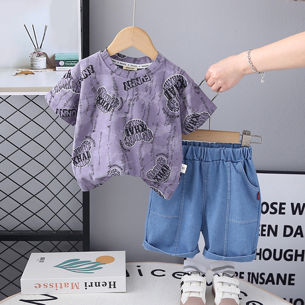 Boys Purple Distressed Printed T-Shirt With Denim Shorts Set 2 pc. Sets Purple 1-2 Y