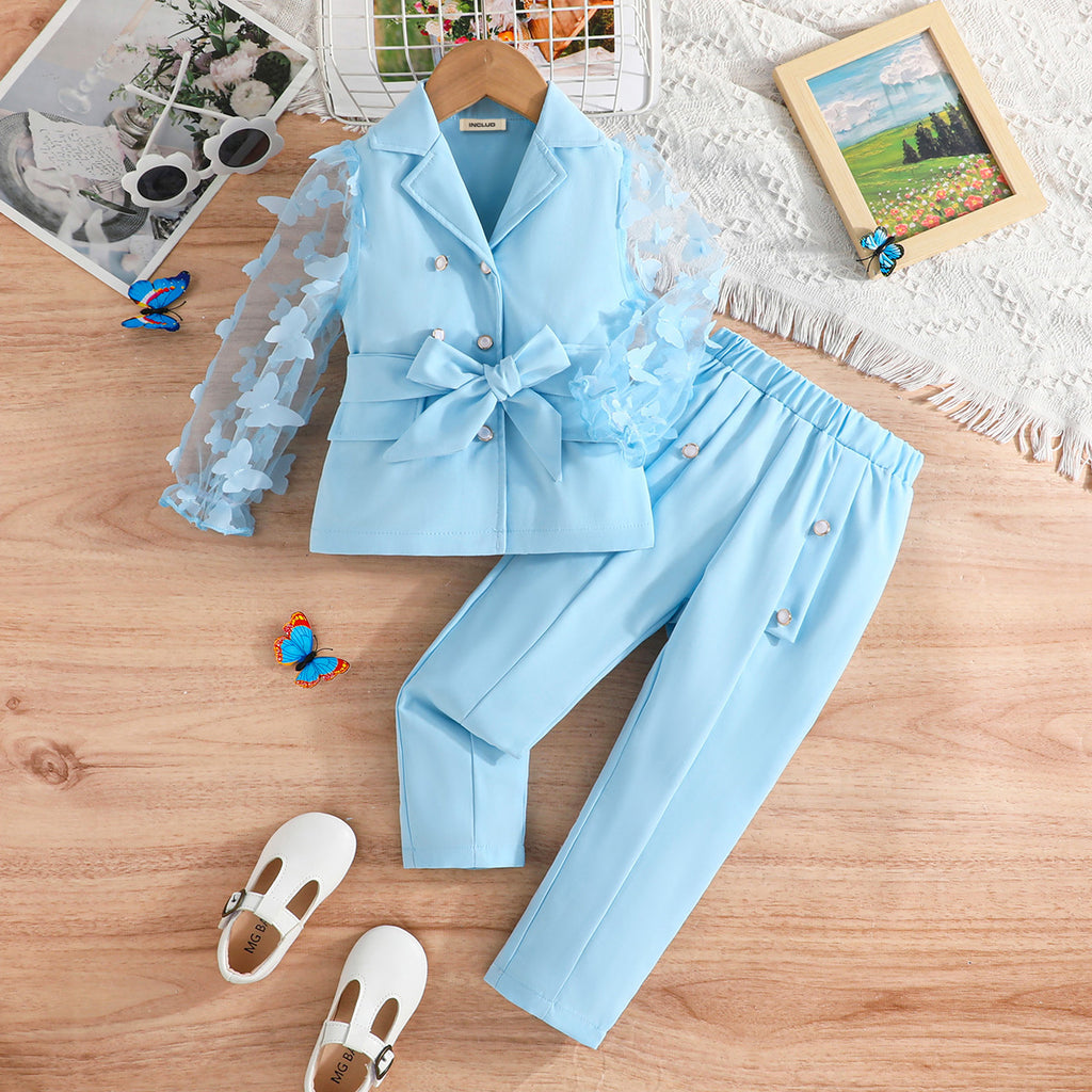 Girls Light Blue Butterfly Cutout Applique Sleeve Blazer with Pants Set 2 pc. Sets Light Blue 2-3 Y