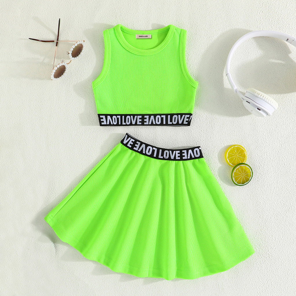 Girls Neon Green Sleeveless Crop Top With Flared Skirt Set 2 pc. Sets Green 2-3 Y