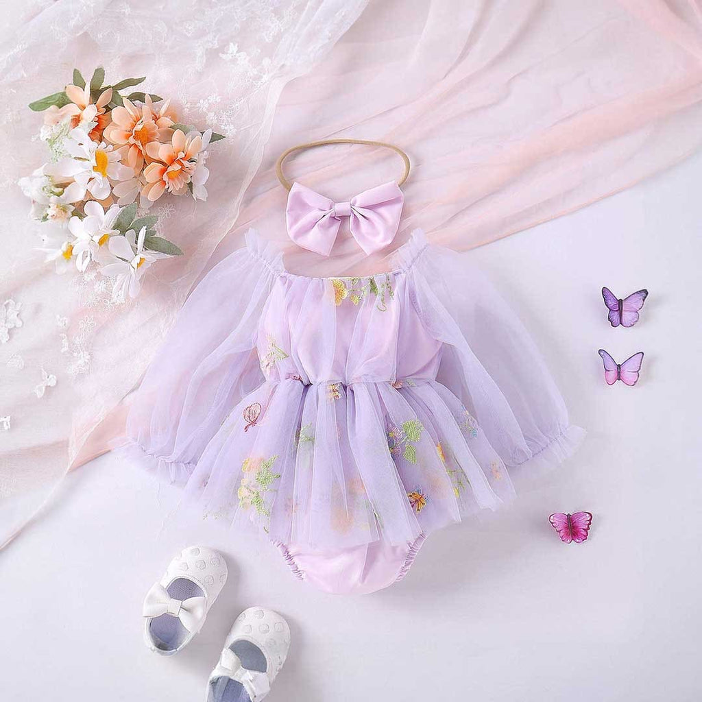 Girls Embroidered Puff Sleeves Romper Dress Casual Dresses Purple 1-2 Y 