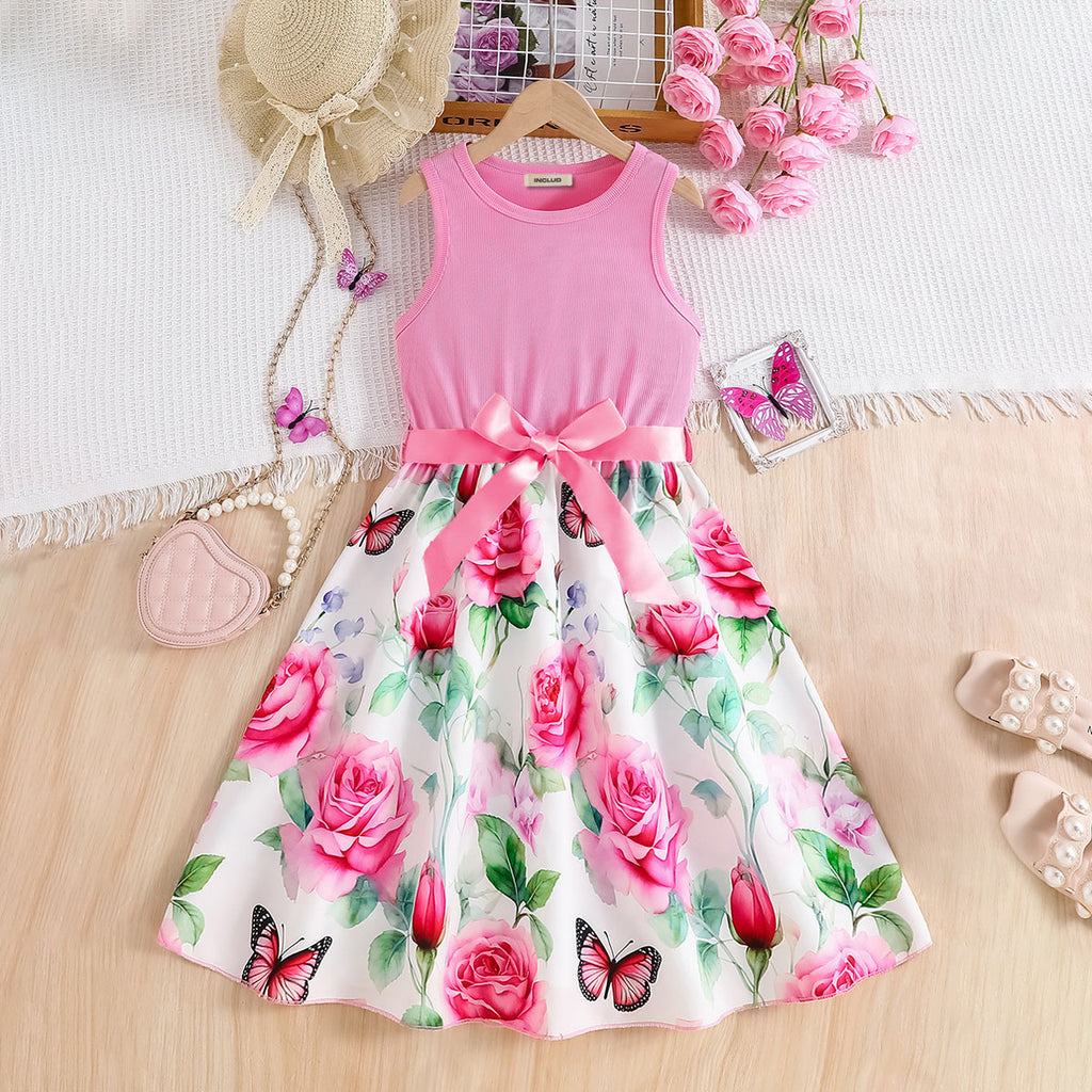 Girls Light Pink Rose Printed Fit And Flared Midi Casual Dress Casual Dresses Light Pink 3-4 Y
