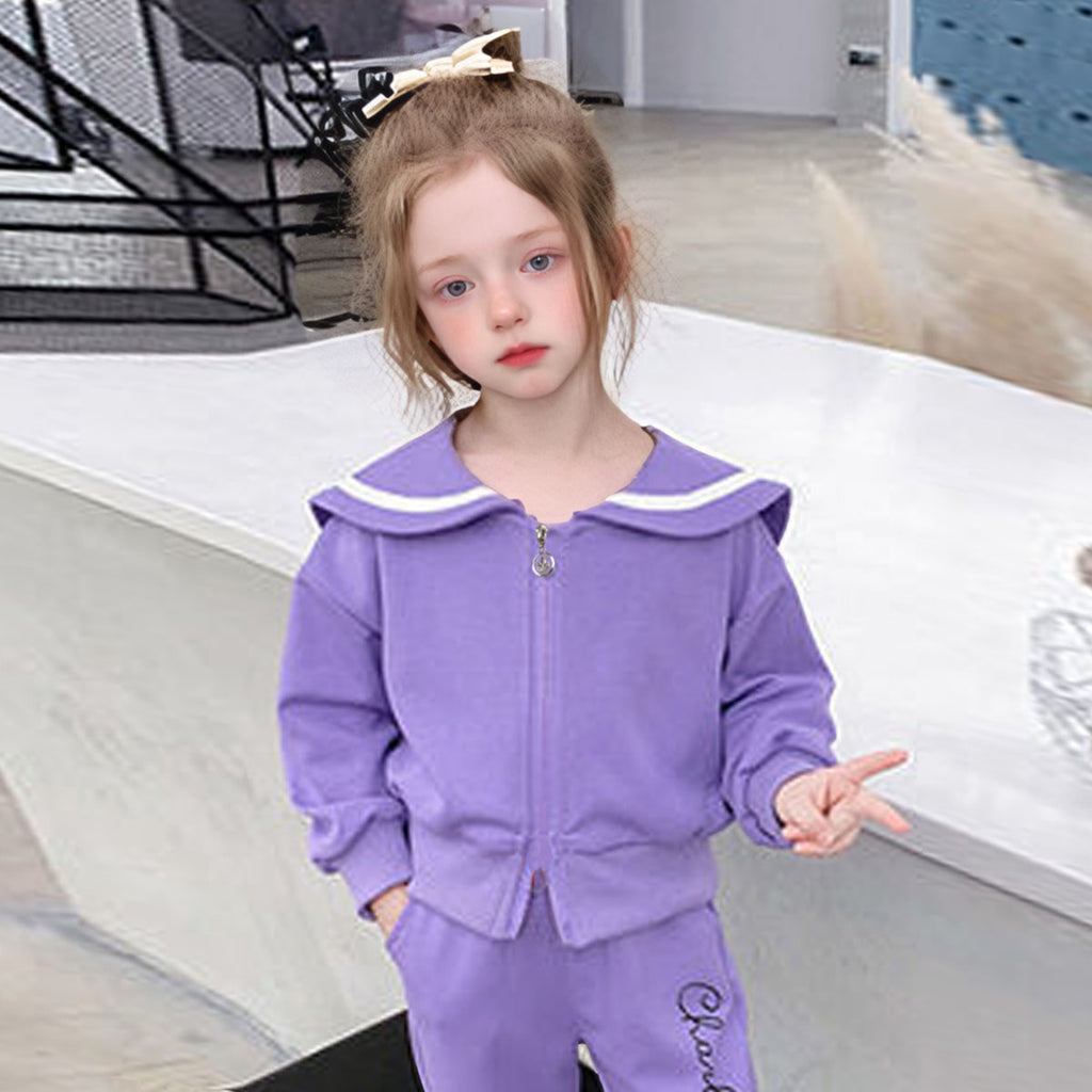 Girls Purple Cat Printed Navy Collar Front Zipper Jacket Sweatshirts & Hoodies Purple 2-3 Y