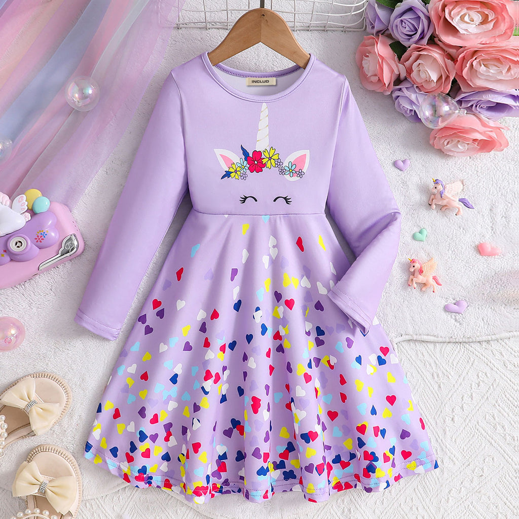Girls Purple Unicorn Printed Full Sleeves Casual Dress Casual Dresses Purple 3-4 Y