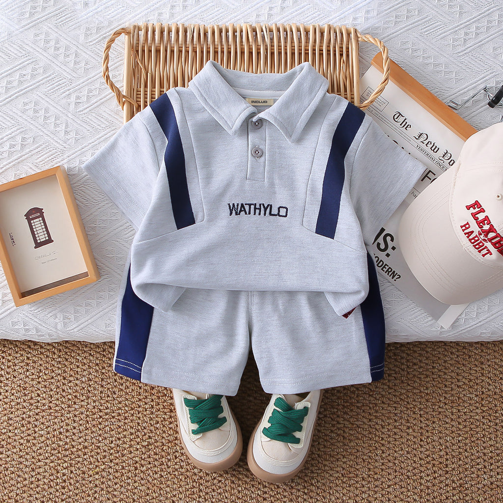Boys Grey Side Contrast Striped Short Sleeves Polo T-Shirt With Shorts set 2 pc. Sets Grey 1-2 Y