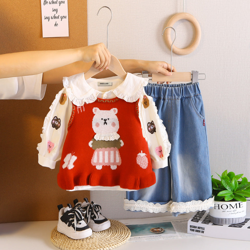 Girls Red Embroidered Sleeveless Pullover With Top & Denim Pants Set Sets Red 1-2 Y