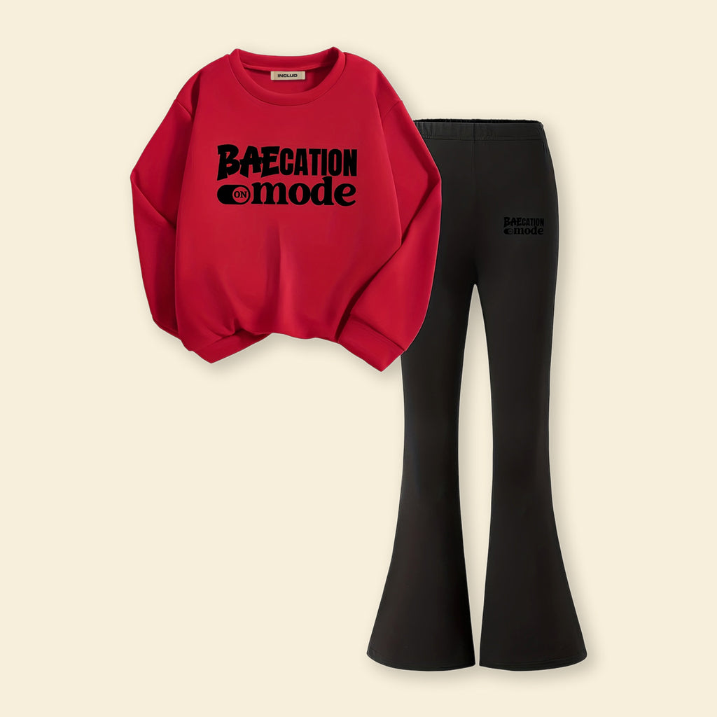 Girls Red Typographic Printed Sweatshirt With Flared Pants Sets 2 pc. Sets Red 7-8 Y