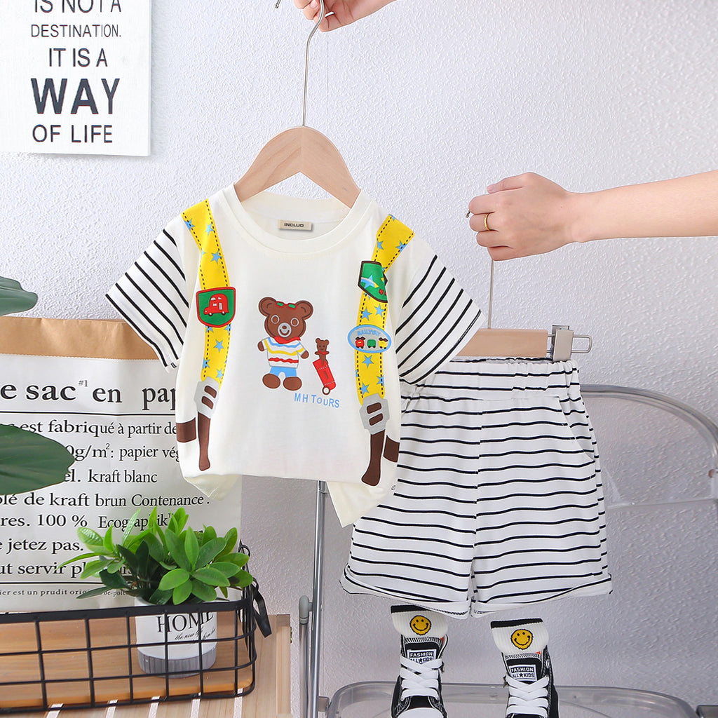 Boys Apricot Bag-pack Print Short Sleeves T-Shirt With Striped Shorts Set 2 pc. Sets Apricot 1-2 Y