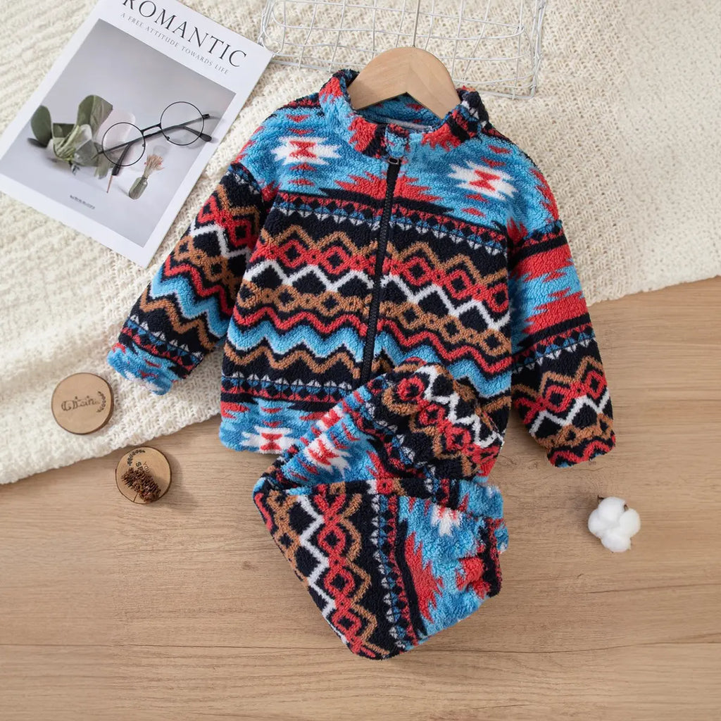 Boys Multi Color Self-Design Geometric Pattern Zipper Jacket With Jogger Co-ord Set 2 pc. Sets Multicolor 1-2 Y