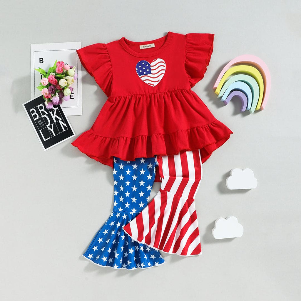 Girls Cap Sleeve Star Print Top With Wide Leg Pants Sets Red 1-2 Y 