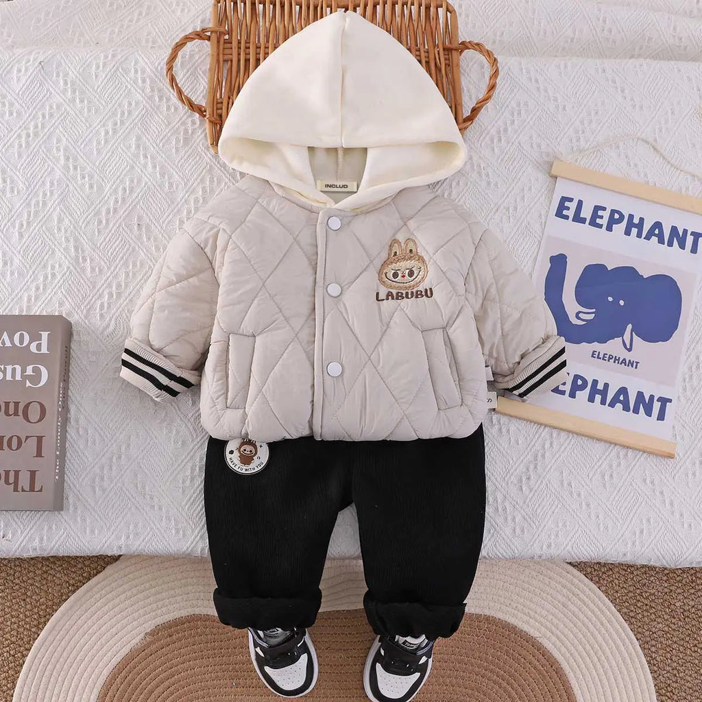 Boys Beige Quilted Puffer Hooded Jacket With Jogger Sets Sets Beige 1-2 Y