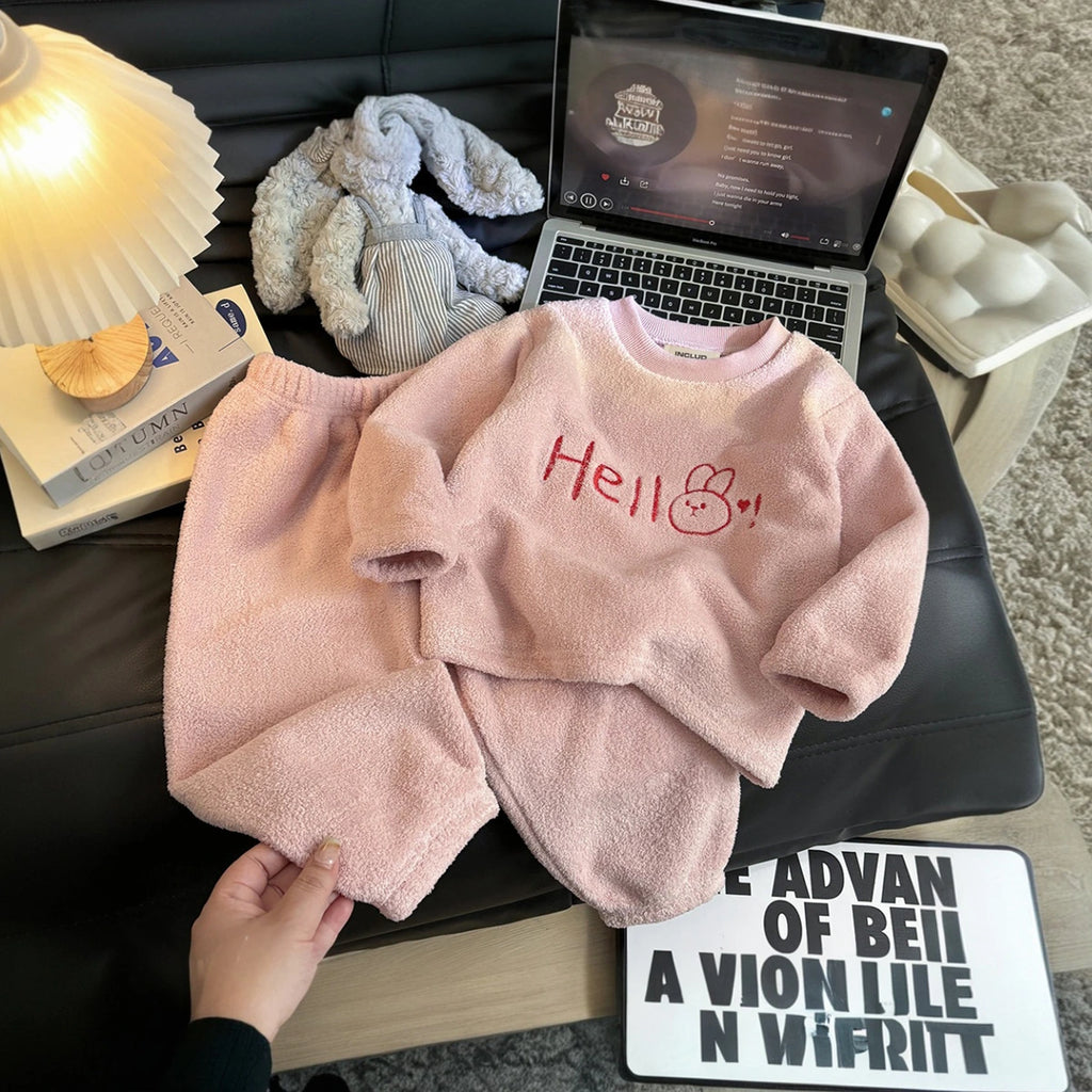 Girls Pink Typographic Embroidered Long Sleeves Top With Pants Sets Sets Pink 1-2 Y