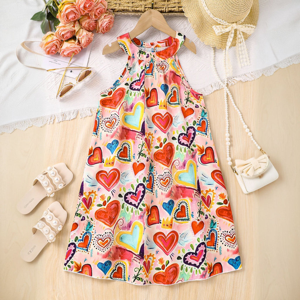Girls Multicolor Heart Print Halter Neck A-Line Dress Casual Dresses Multicolor 3-4 Y
