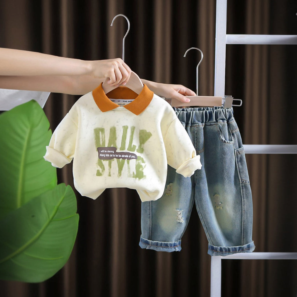 Boys Orange Typographic Printed Sweatshirt With Denim Trousers Set 2 pc. Sets Orange 1-2 Y