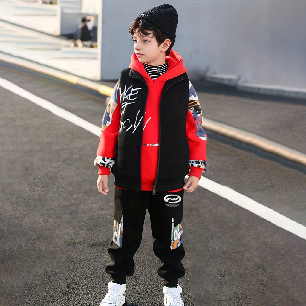 Boys Red Graphics Printed hoodie With Sleeveless Jacket & Jogger Sets Sets Red 5-6 Y