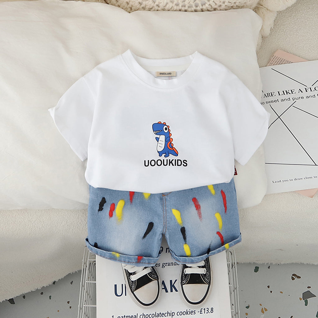 Boys White Dinosaur Graphic T-Shirt With Denim Shorts Set 2 pc. Sets White 1-2 Y