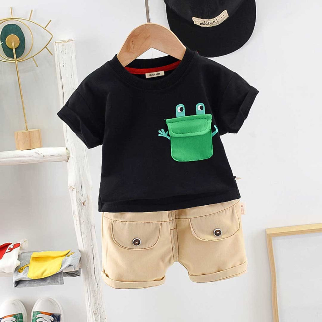 Boys Cartoon Patch Pocket T-shirt with Shorts Set Sets Black 1-2 Y 
