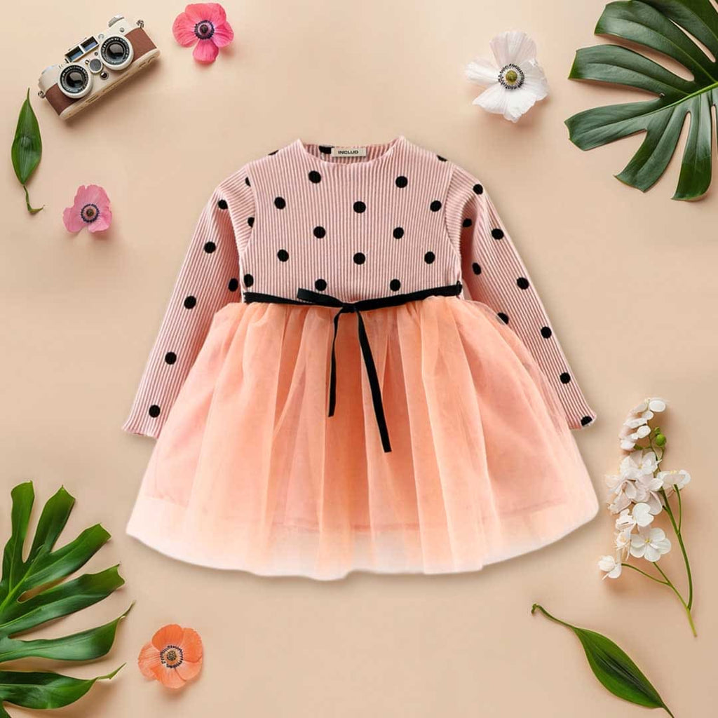 Girls Polka Dot Printed Long Sleeve Dress Casual Dresses Pink 1-2 Y 