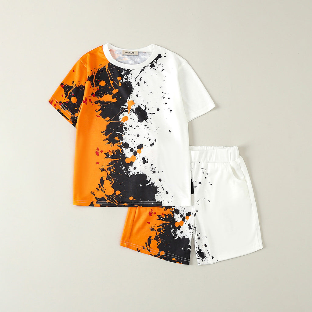 Boys Orange Abstract Print Short Sleeve T-Shirt With Elasticated Shorts Set 2 pc. Sets Orange 5-6 Y