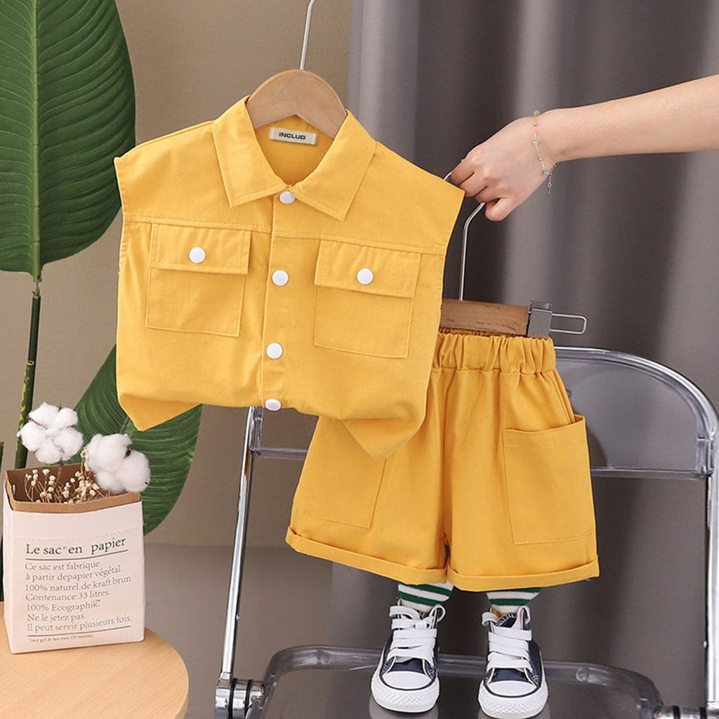 Boys Double Pocket Shirt With Elasticated Shorts 2 pc. Sets Yellow 1-2 Y