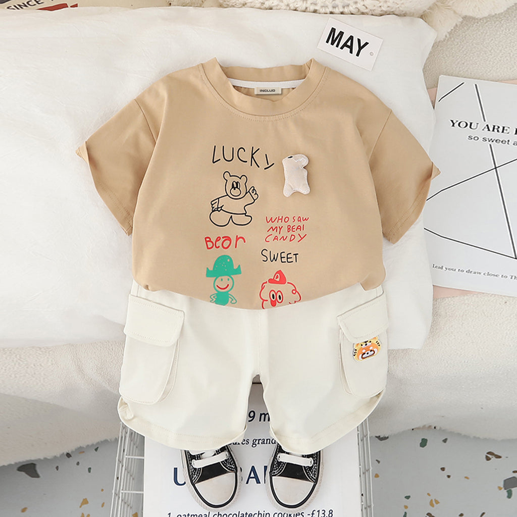 Boys Khaki Graphic Bear Printed T-Shirt With Cargo Shorts Set 2 pc. Sets Khaki 1-2 Y