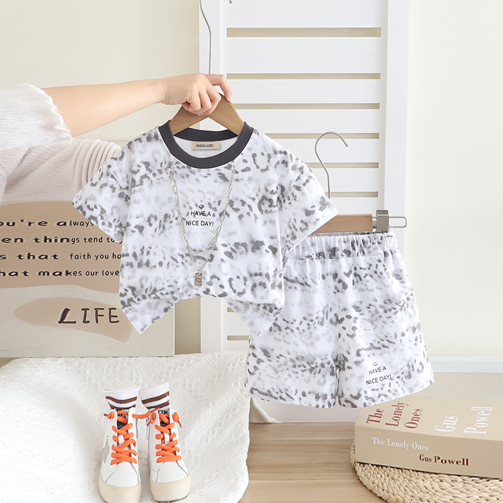 Boys White Printed Short Sleeves T- Shirt With Shorts Set 2 pc. Sets White 1-2 Y