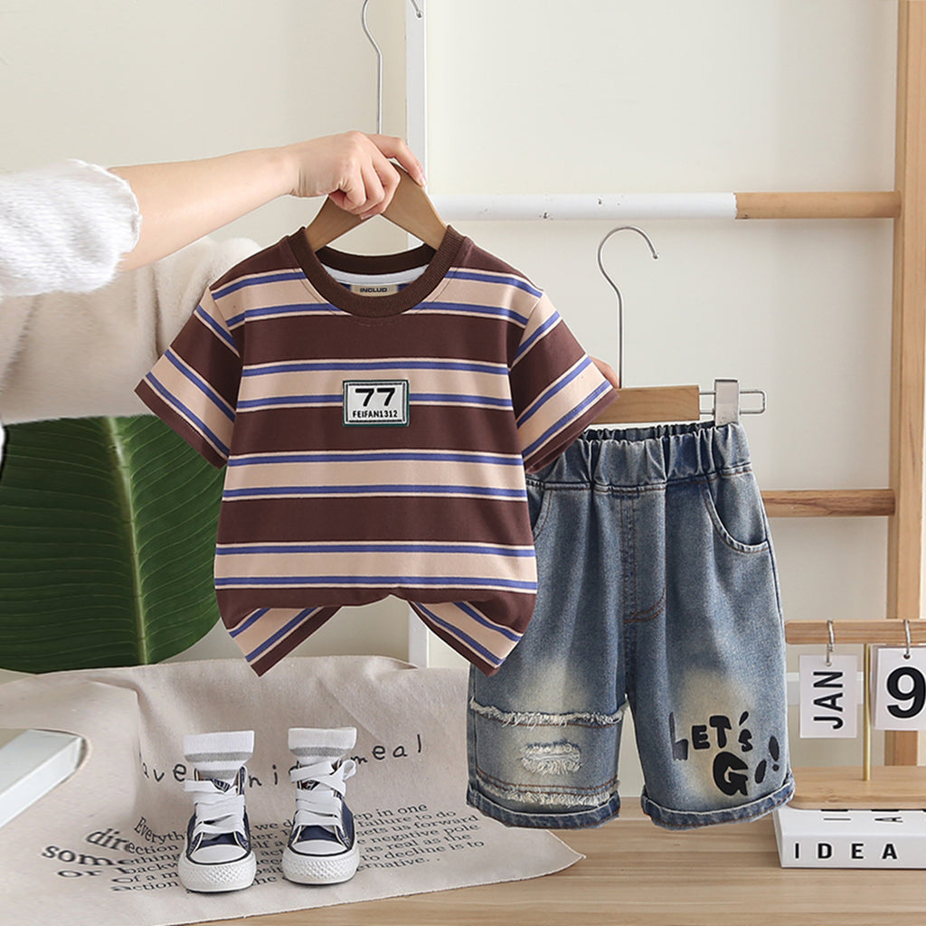 Boys Dark Brown Striped Short Sleeves T-Shirt With Denim Shorts Set 2 pc. Sets Dark Brown 1-2 Y