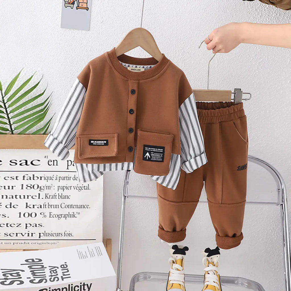 Boys Brown Button-up Jacket With Striped Sleeves & Jogger Sets Sets Brown 1-2 Y